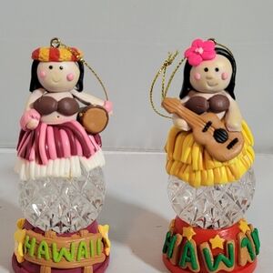 Hawaiian Hula Girl Ornament Pair - Pink & Yellow Grass Skirts